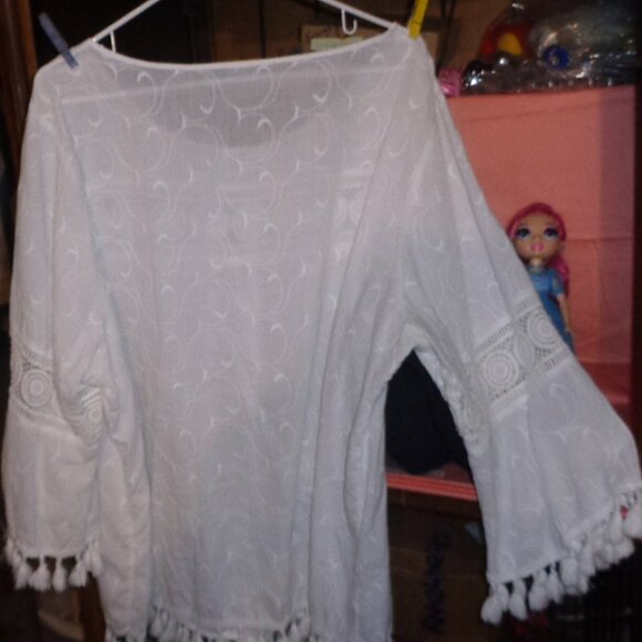 LADIES GORGEOUS WHITE 100% COTTON TASSEL TOP-LIGHT LOOSE COOL COMFORT-SZ 3X - Picture 3 of 4